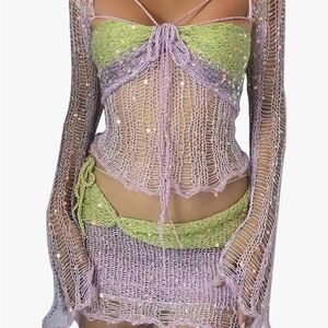 Women Sequin Skirt And Crochet Tops Set